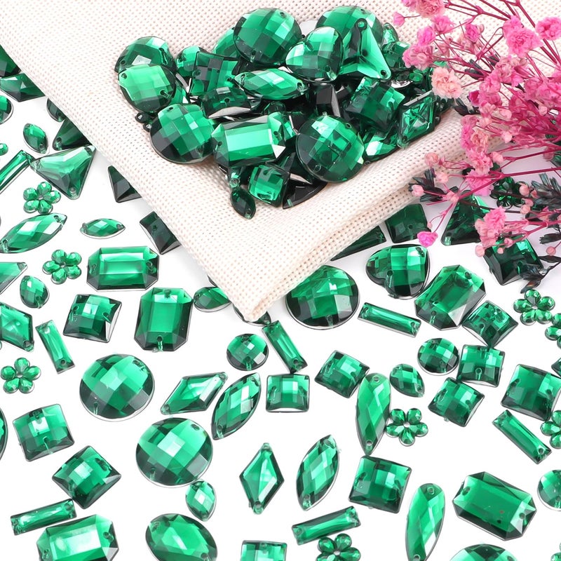 OEMOO 500 Pieces Sewing Gems Acrylic Sewing Crystal Mixed Shapes Sew On Rhinestones with Sewing Holes for Clothes DIY Crafts Costume Garment Shoes Decoration (Green) - Image 2